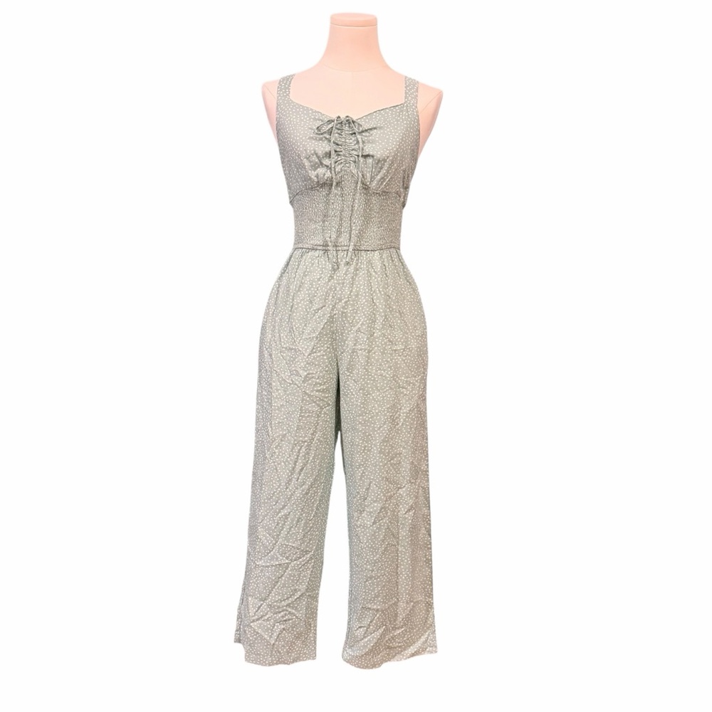 Jessica Simpson Seafoam Polka Dot Smocked Wide Leg Jumpsuit w/Pockets Size S - Picture 2 of 16